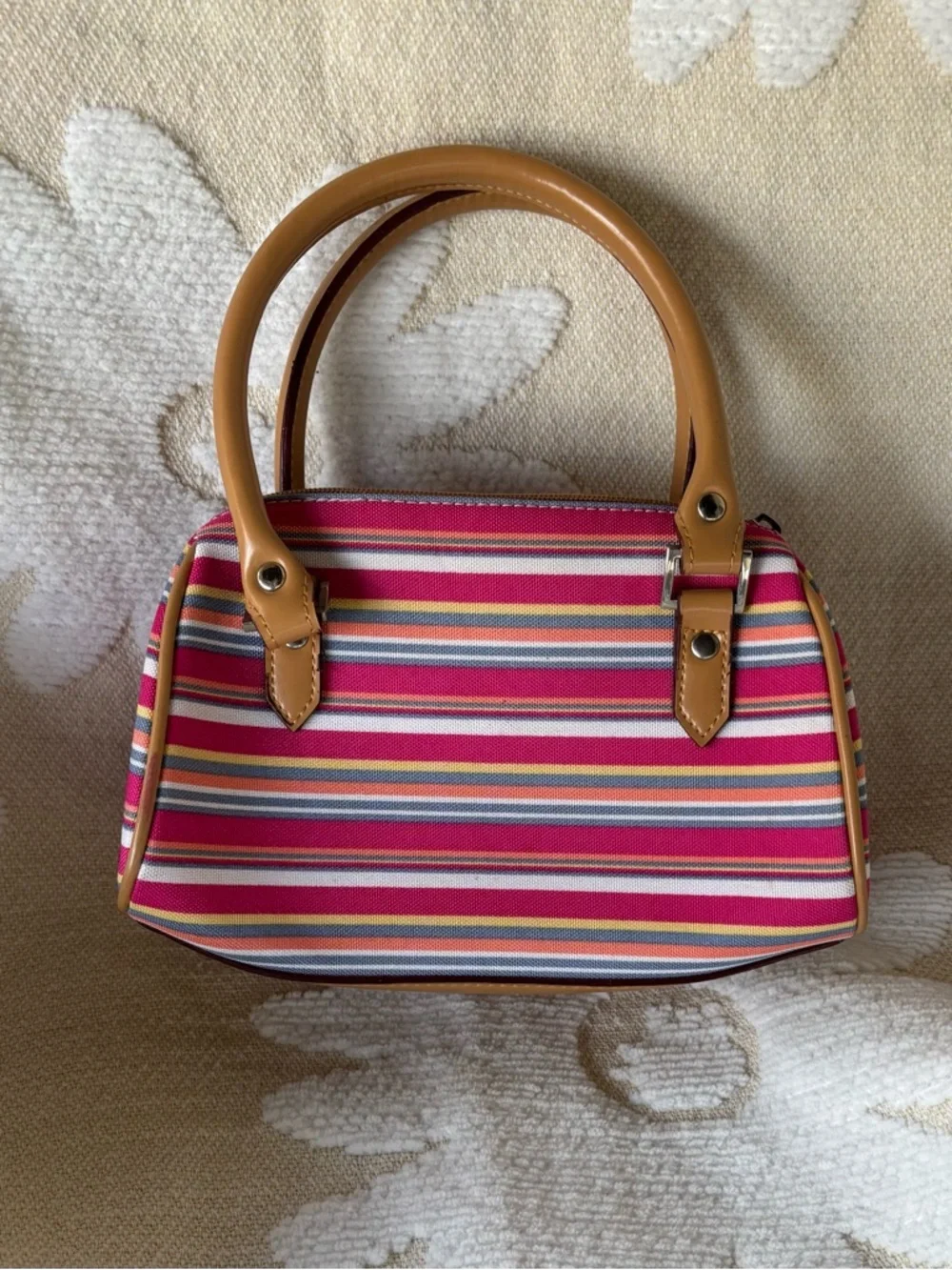 Striped Pink Multi-Color Canvas Satchel with Tan Handles - Picture 1 of 12